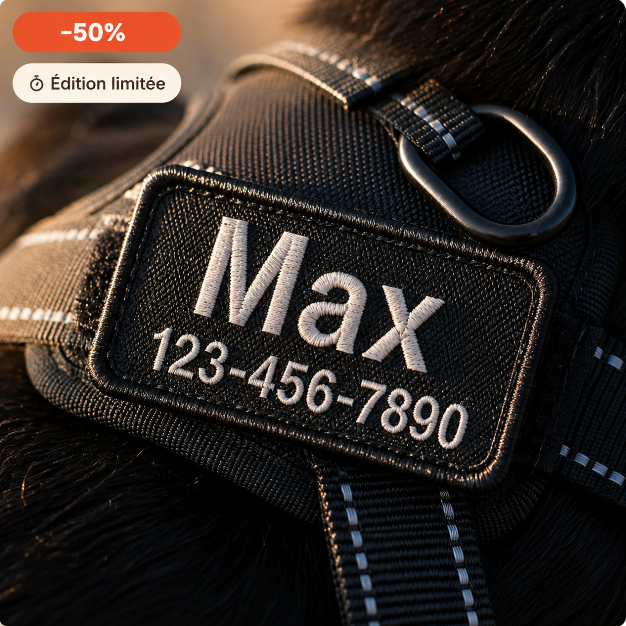 Harnais Wafwaff personnalisé — broderie Max
